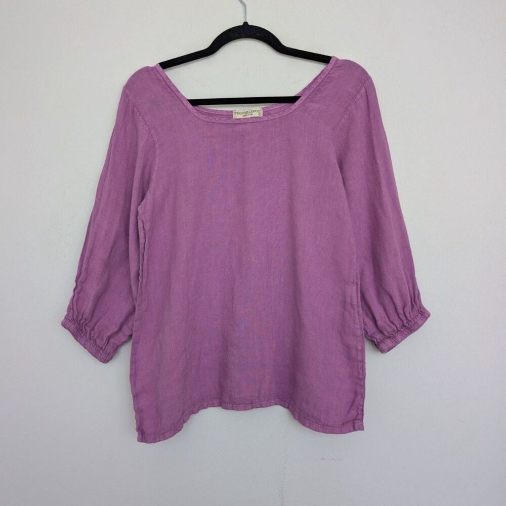 Terzo Millennio Italian Linen Purple Wide Neck 3/4 Puff Sleeve Blouse Sz S